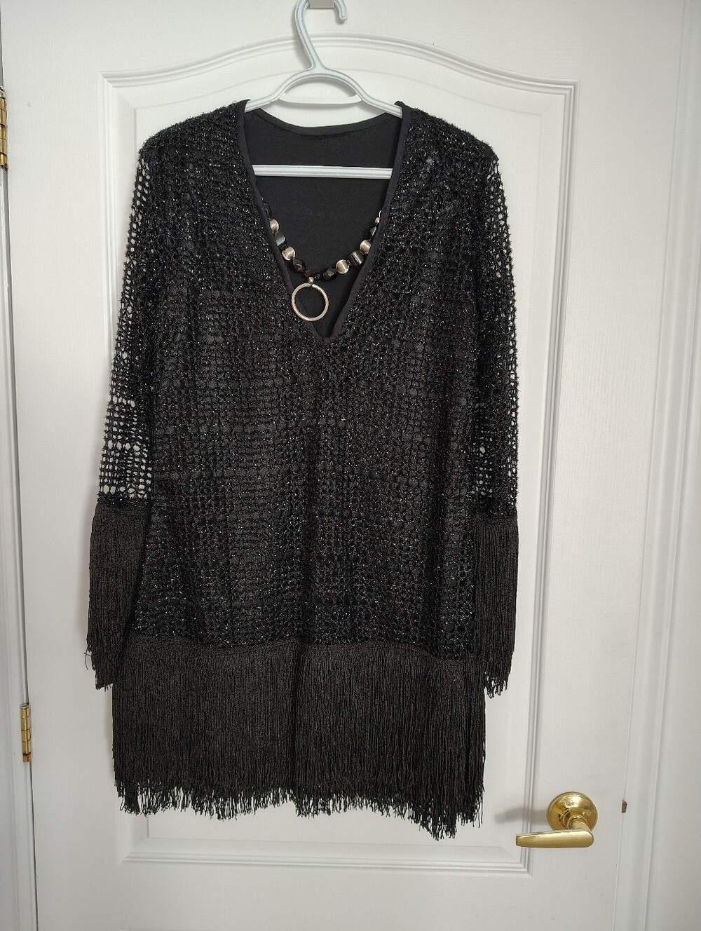 Black Fringe Crochet V-Neck Tunic with Necklace Detail